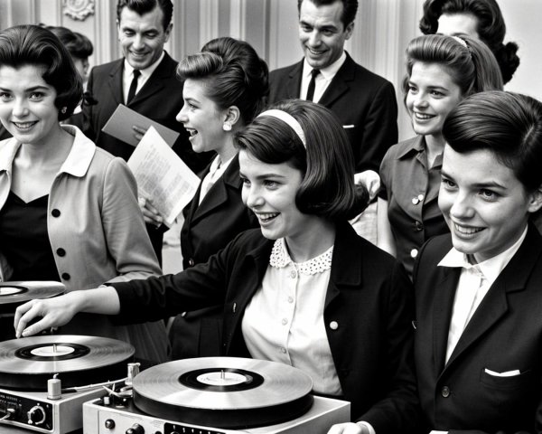 1950s Group Enjoying Vinyl Records in Black-and-White