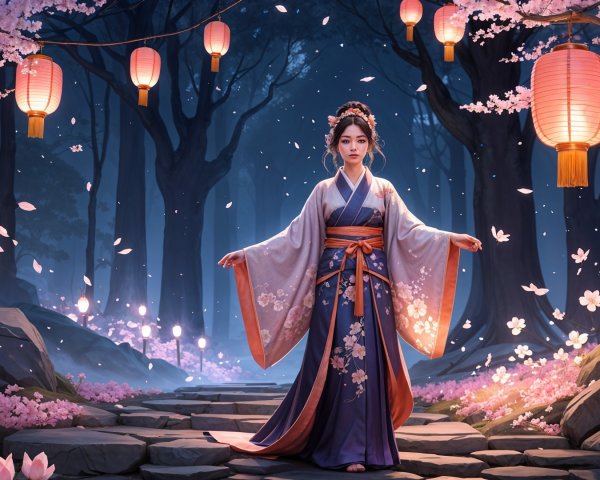 Mystical Forest with Lanterns and Cherry Blossoms