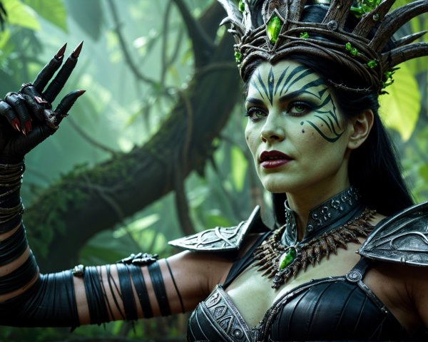 Mystical queen in dark armor with jungle backdrop