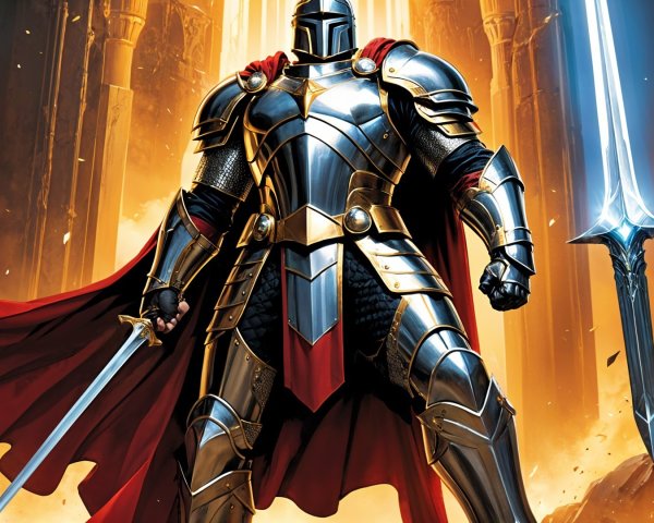 Knight in Silver Armor with Red Cape and Swords