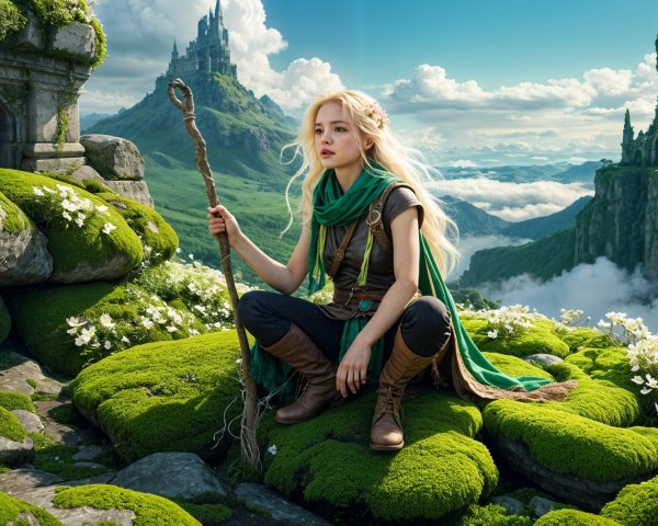 Serene Fantasy Landscape with Young Woman and Castles