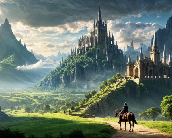 Majestic Castle in Fantasy Landscape with Rider