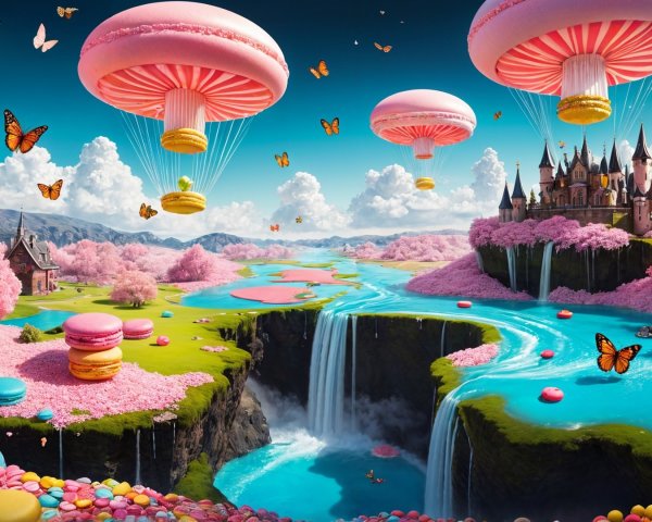 Whimsical Landscape with Pastel Mushrooms and Cherry Blossoms