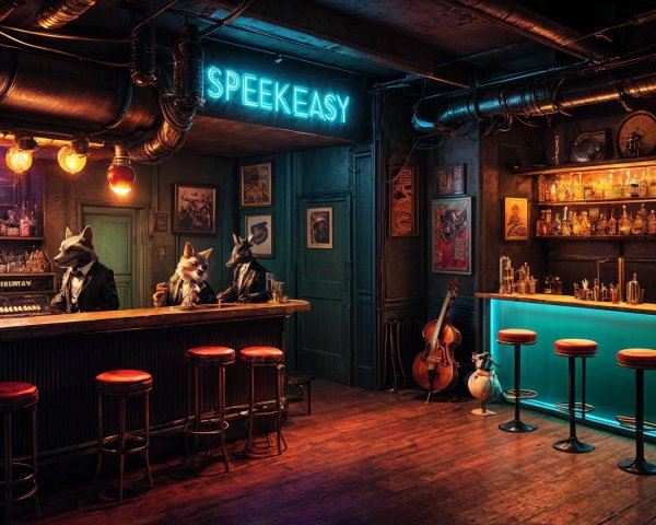 Vibrant Speakeasy Bar with Plush Seating and Jukebox