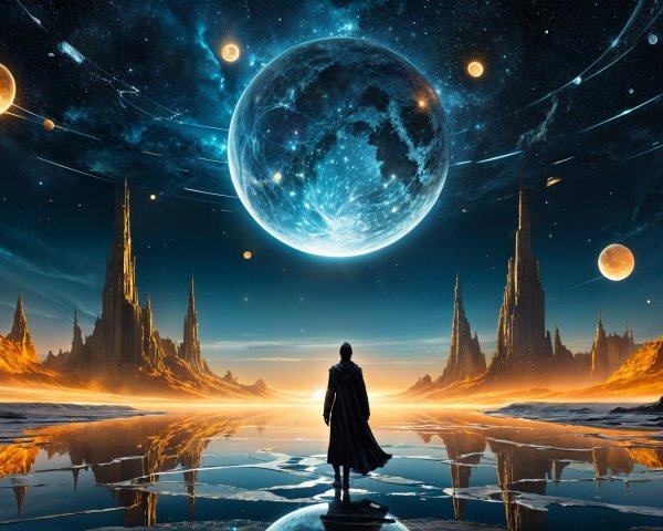 Figure in Cloak on Reflective Surface Under Cosmic Sky