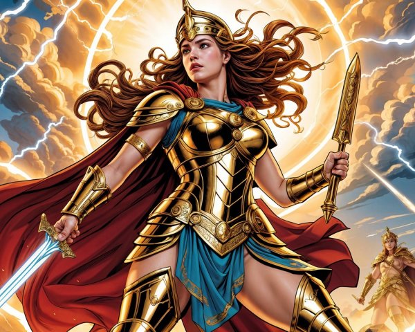 Warrior in Golden Armor with Sword and Spear