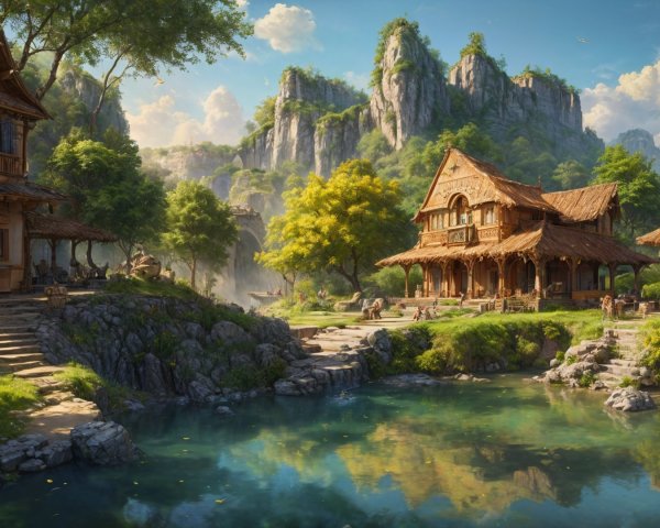 Charming Wooden Houses by a Serene Pond Landscape