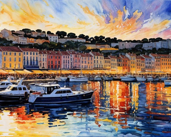 Vibrant Watercolor of a Dusk Harbor Scene