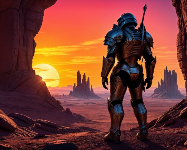 Futuristic Armor Figure Overlooking Vibrant Sunset Canyon
