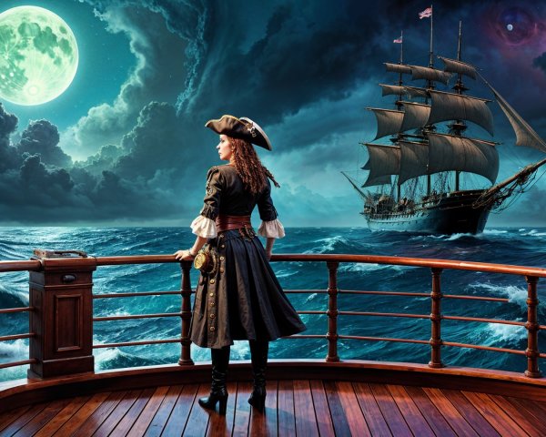 Fierce Pirate on Ship Against Stormy Night Sky