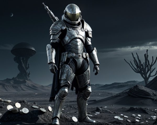 Futuristic Warrior in Desolate Landscape with Coins