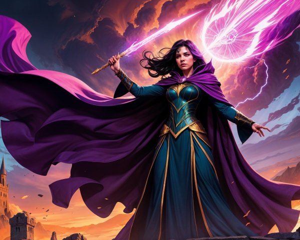 Sorceress with Magical Staff and Majestic Castle Backdrop