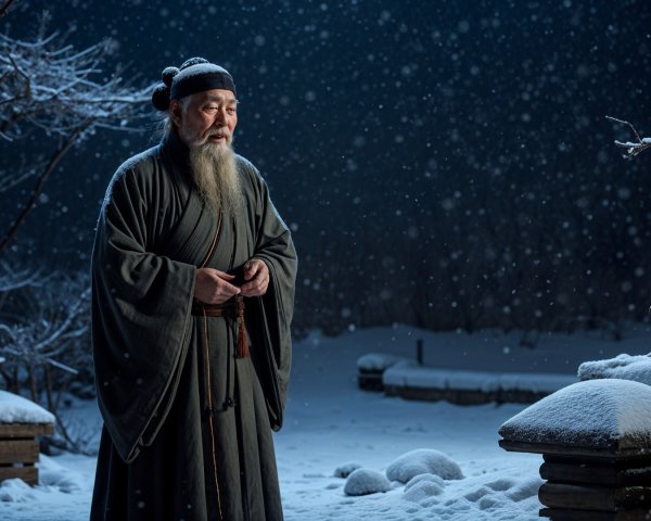 Elderly man in serene snow-covered landscape