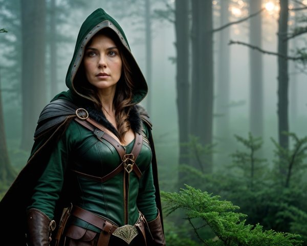 Woman in Green Cloak in a Misty Forest Setting