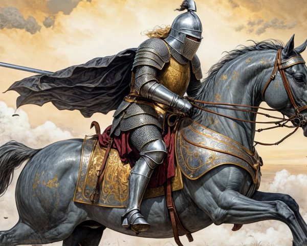 Knight in Armor on Gray Horse Against Dramatic Sky