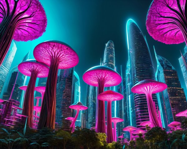 Futuristic cityscape with neon skyscrapers and mushrooms