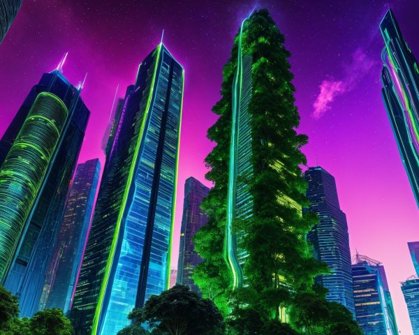 Futuristic Cityscape at Twilight with Neon Lights