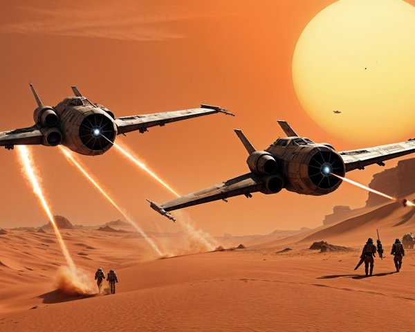 Futuristic spacecraft over orange desert landscape