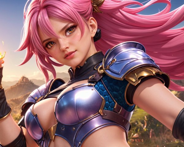 Character with Pink Hair in Vibrant Armor Outfit