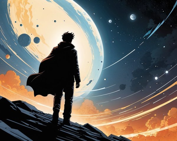 Figure on Rocky Outcrop Under Starry Sky and Planet