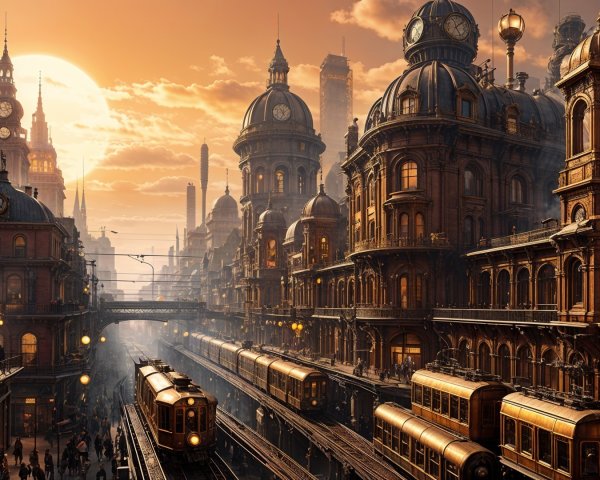 Steampunk Cityscape at Sunset with Vintage Trains