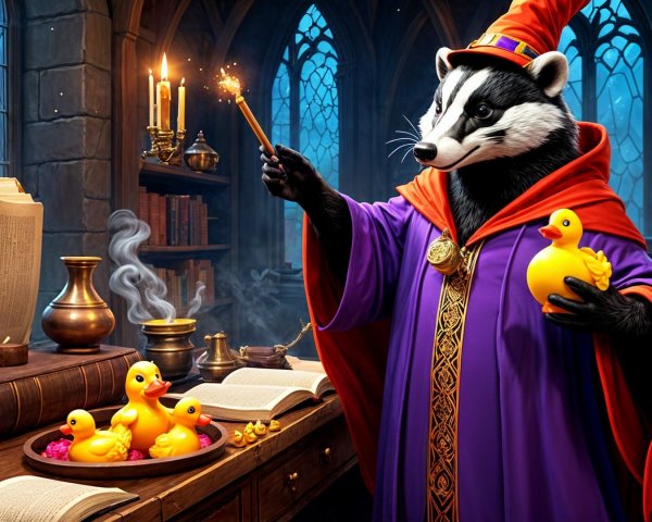 Whimsical Library with Badger Wizard and Floating Ducks