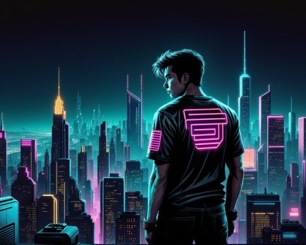 Rooftop View of Neon-Lit Cityscape at Night
