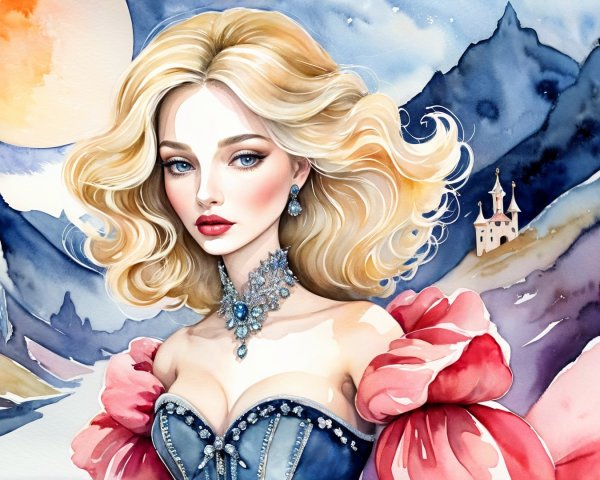 Regal Woman in Watercolor with Dreamy Landscape