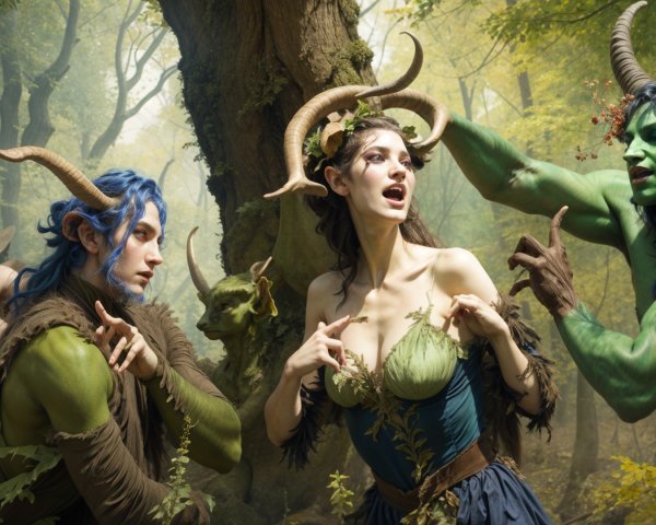 Mystical forest scene with horned figures and woman