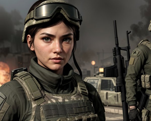 Female Soldiers in Tactical Gear in War-Torn City