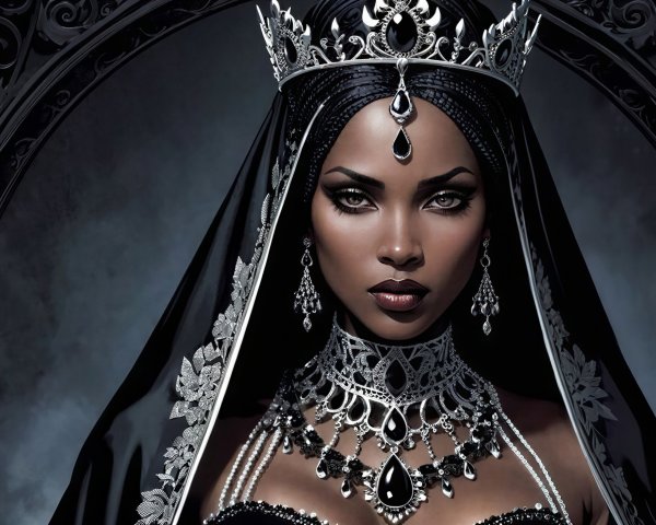 Close-up of a dark-skinned woman in ornate crown and jewelry