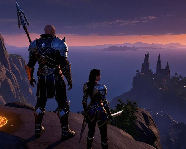 Warriors on Cliff Overlooking Ocean at Sunset