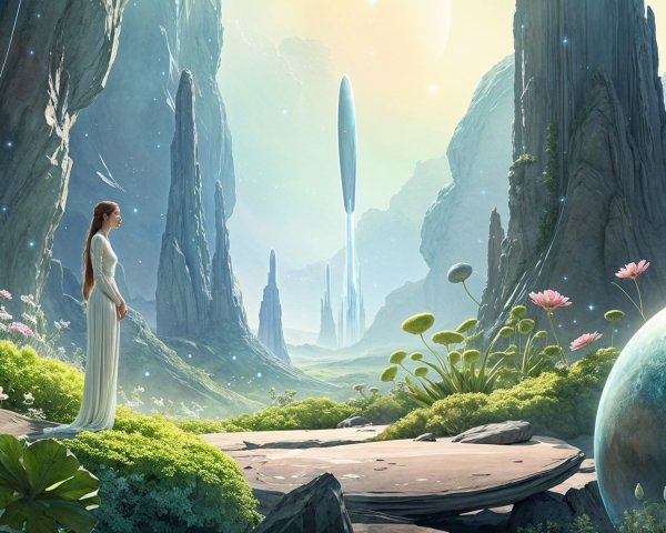 Ethereal Figures in an Alien Landscape with Pastel Sky