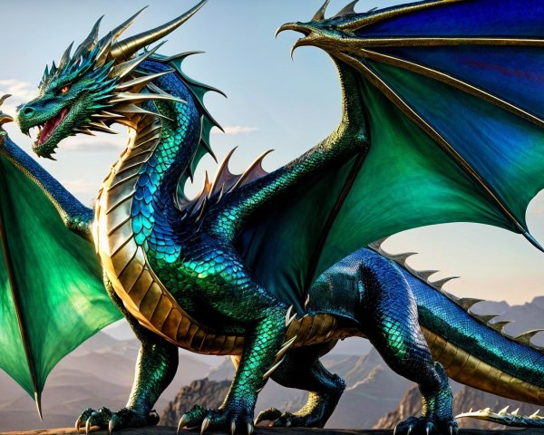 Majestic dragon on rocky ledge with vibrant scales