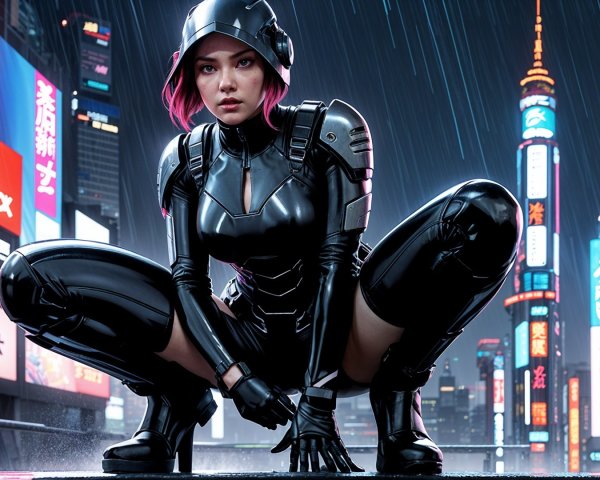 Futuristic Cyberpunk Scene with Female Character in Armor