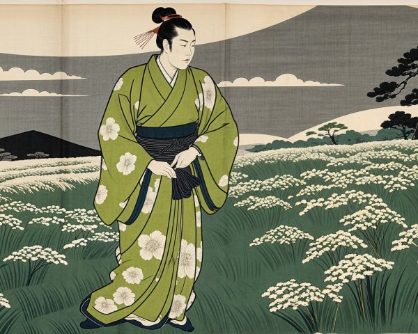 Serene Scene of Woman in Green Kimono in Nature