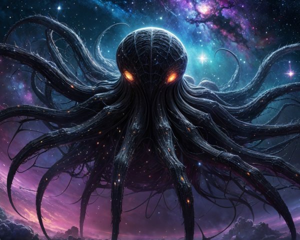 Dark Octopus Figure in Vibrant Cosmic Background