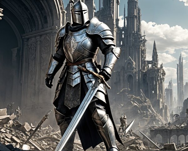 Knight in Armor in Ruined Fantasy Landscape