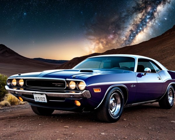 1970s Muscle Car in Desert with Starry Night Sky