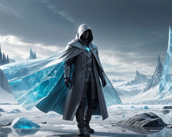Mysterious Cloaked Figure in Frozen Landscape