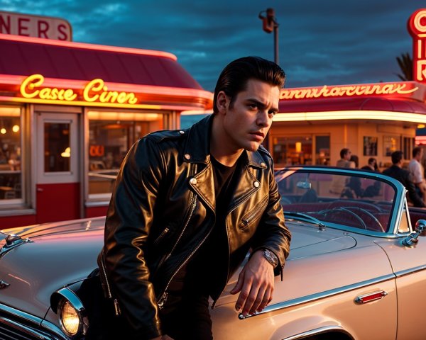 Young man in leather jacket by classic convertible car