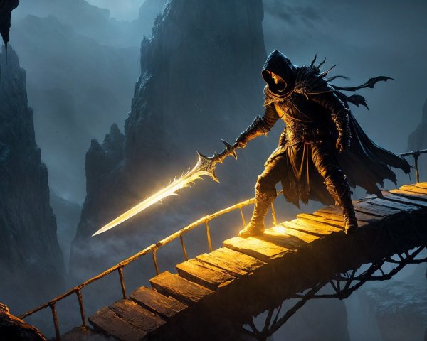 Cloaked Warrior on Misty Canyon Bridge with Sword