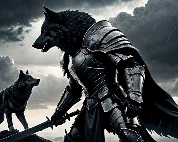 Warrior in Dark Armor with Wolf Under Stormy Skies