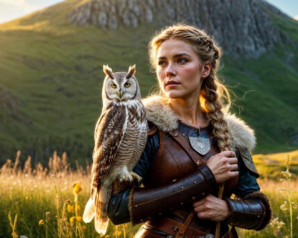 Fierce warrior woman in lush landscape with owl