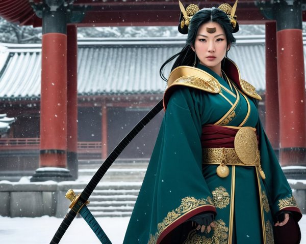 Asian Woman in Teal Medieval Gown with Temple Background