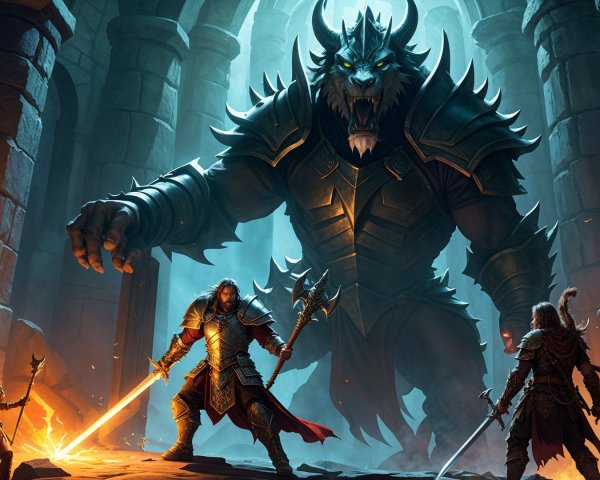 Armored Creature Confronts Adventurers in Stone Chamber