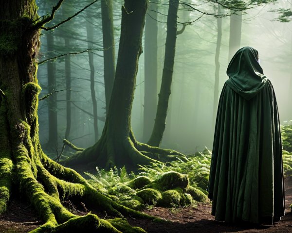 Cloaked Figure in a Misty Enchanted Forest Scene