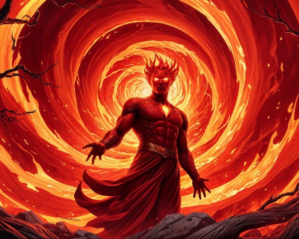 Fiery Figure Surrounded by Flames and Dark Trees