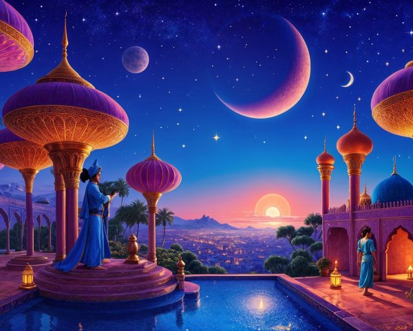 Magical Dusk Scene with Architectural Structures and Nature