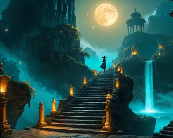 Mystical Landscape with Staircase and Waterfall at Night